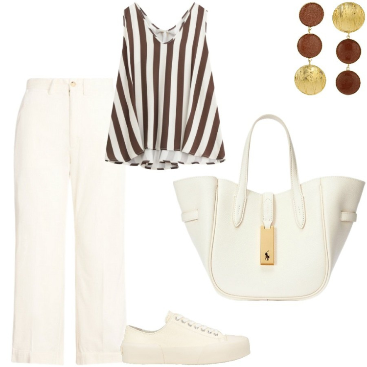 Outfit donna - In città per negozi. Stile Casual chic per Tutti i giorni. Abbinamento con sneakers, top, pantaloni, borse tote, orecchini.