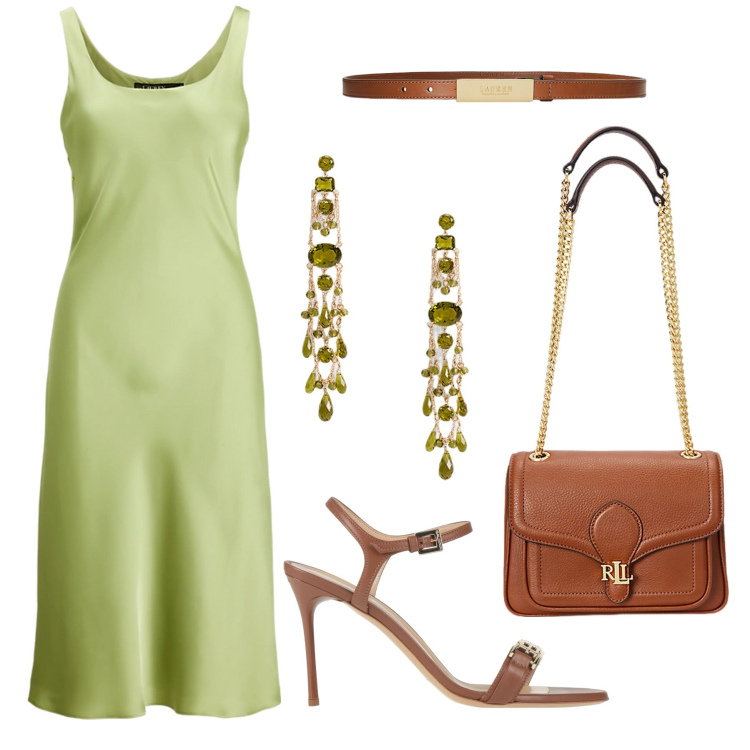 Outfit donna - Cocktail Lauren. Stile Chic per Serata fuori. Abbinamento con sandali in pelle, cinture, borse a spalla, vestiti senza maniche, orecchini.
