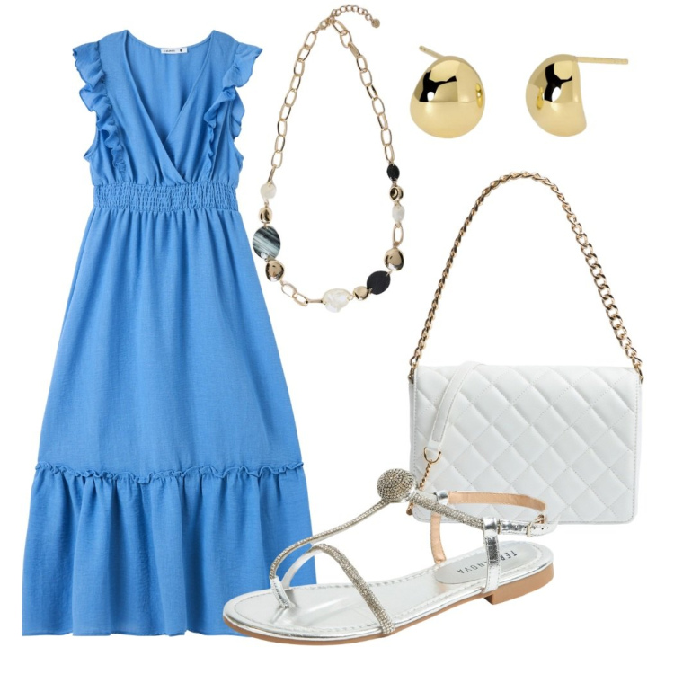 Outfit donna - Curvy - Maxi dress. Stile Chic per Serata fuori. Abbinamento con vestiti lunghi, ciabatte, borse a tracolla, orecchini, collane.