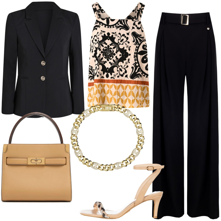 Outfit donna - All\'inaugurazione della galleria d\'arte. Stile Chic per Cerimonia. Abbinamento con braccialetti, blazer, pantaloni, sandali in pelle, top, borse a mano.