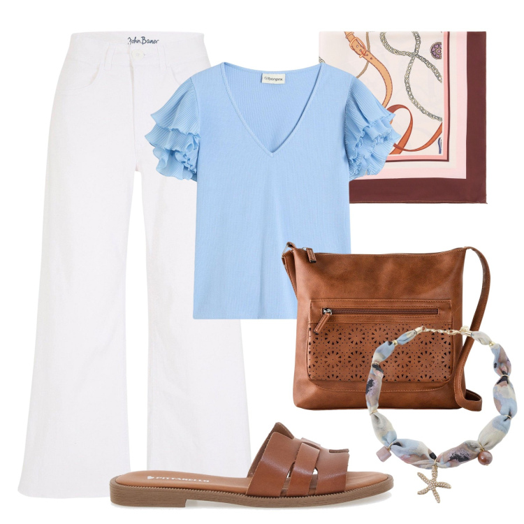 Outfit donna - Jeans 7/8 e volant. Stile Casual per Tutti i giorni. Abbinamento con bluse, jeans, borse a tracolla, foulard, collane, ciabatte.