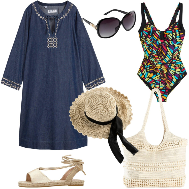 Outfit donna - Il costume intero a fantasia multicolore. Stile Etnico per Mare. Abbinamento con costumi interi, vestiti, cappelli, occhiali da sole, sandali, shopping bag.
