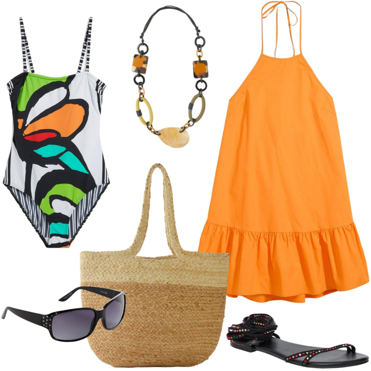 Outfit donna - Una giornata al mare. Stile Casual per Mare. Abbinamento con shopping bag, costumi interi, vestiti corti, occhiali da sole, sandali alla schiava, collane.