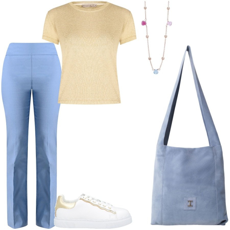 Outfit donna - Comfy at work. Stile Casual chic per Ufficio. Abbinamento con sneakers, borse a tracolla, collane, t-shirt, pantaloni.