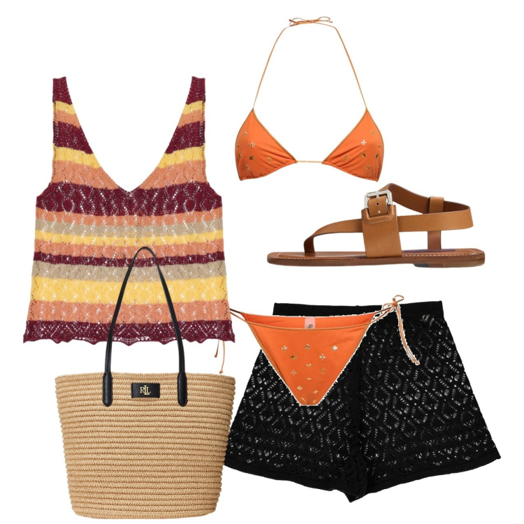 Outfit donna - Bikini arancio. Stile Casual per Mare. Abbinamento con shorts, top, sandali in pelle, borse tote, bikini.