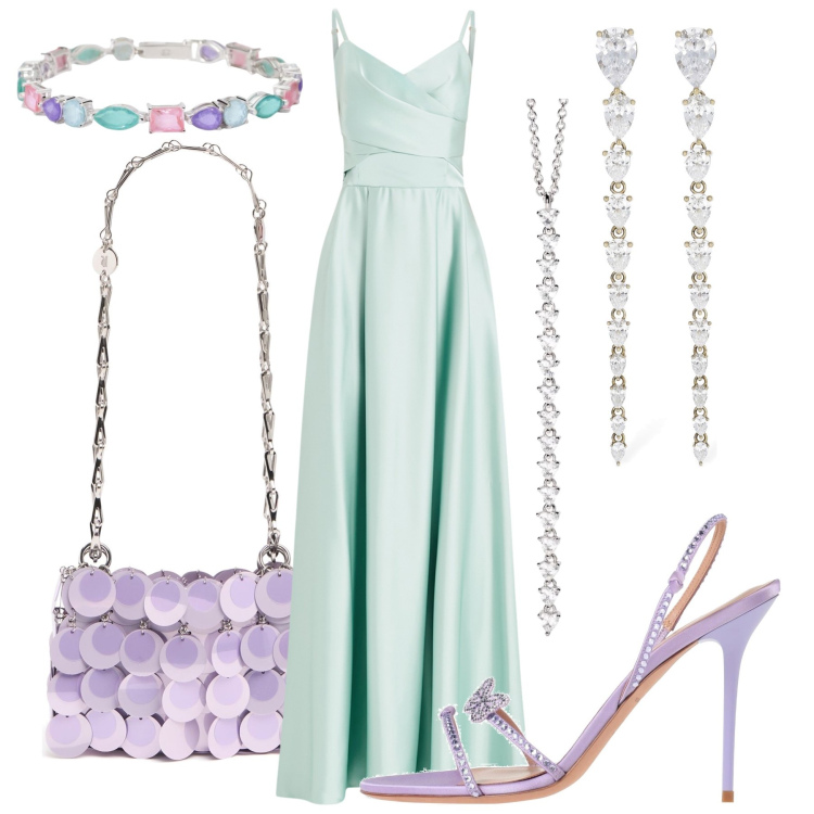Outfit donna - Cerimonia pastello. Stile Chic per Cerimonia. Abbinamento con sandali in pelle, ciondoli, braccialetti, vestiti lunghi, borse a spalla, orecchini.