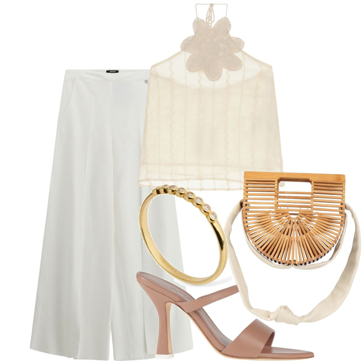 Outfit donna - Summer. Stile Chic per Serata fuori. Abbinamento con borse a mano, sandali in pelle, pantaloni a palazzo, top, anelli.