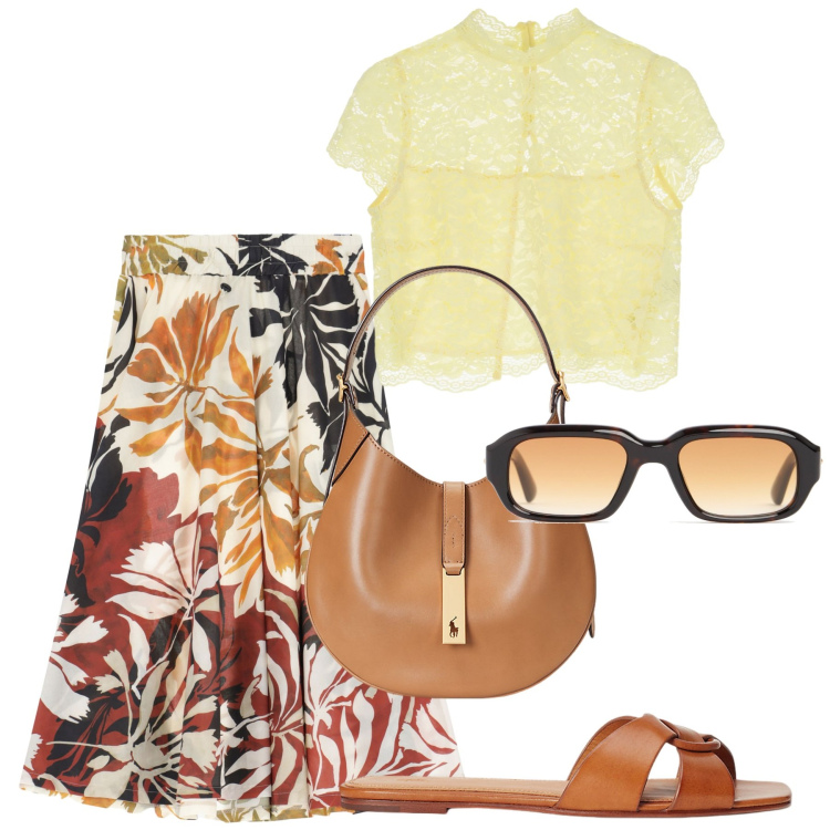 Outfit donna - Summer. Stile Chic per Ufficio. Abbinamento con gonne longuette, top, ciabatte, borse a spalla, occhiali da sole.