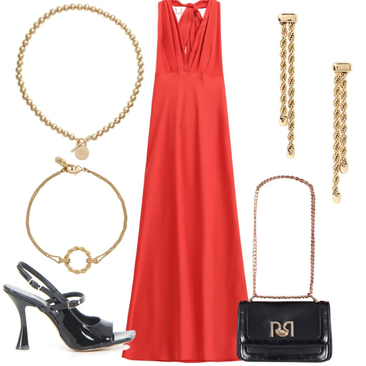 Outfit donna - Cerimonia. Stile Glamour per Cerimonia. Abbinamento con borse a tracolla, vestiti lunghi, collane, orecchini, braccialetti, sandali col tacco.