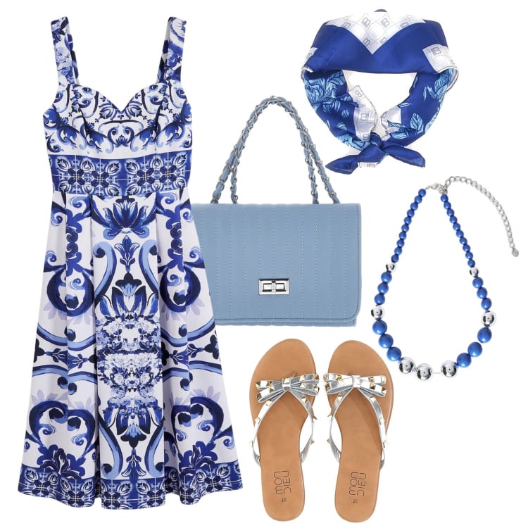 Outfit donna - Vestitino in città. Stile Romantica per Tutti i giorni. Abbinamento con vestiti, infradito, foulard, collane, borse a tracolla.