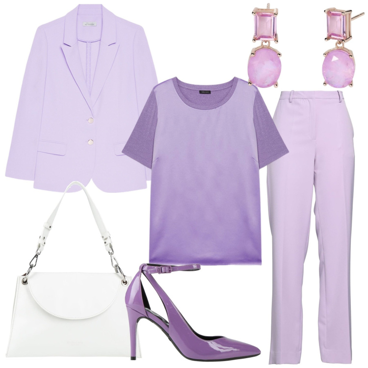 Outfit donna - Tonalità tenui. Stile Chic per Cerimonia. Abbinamento con pantaloni, décolleté, borse a mano, orecchini, blazer, t-shirt.