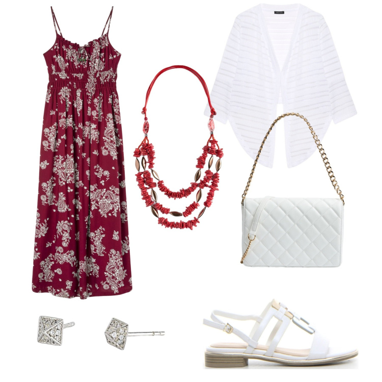 Outfit donna - Boho rosso e bianco. Stile Boho per Serata fuori. Abbinamento con vestiti lunghi, borse a tracolla, orecchini, bolero, sandali, collane.