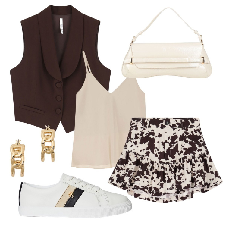 Outfit donna - Stilosa con il gilet. Stile Casual chic per Serata fuori. Abbinamento con borse a mano, gilet, minigonne, top, sneakers, orecchini.
