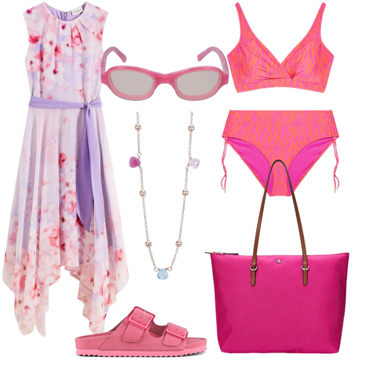 Outfit donna - Sfumature day-to-night. Stile Romantica per Mare. Abbinamento con vestiti, collane, borse tote, bikini, occhiali da sole, sandali.