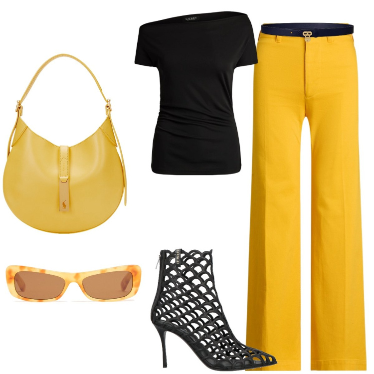 Outfit donna - Il sole siamo noi. Stile Glamour per Ufficio. Abbinamento con stivaletti, cinture, t-shirt, borse a spalla, pantaloni, occhiali da sole.