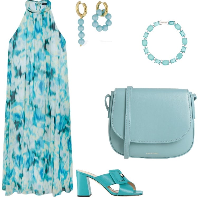 Outfit donna - Sfumature marine. Stile Chic per Serata fuori. Abbinamento con borse a tracolla, sandali in pelle, braccialetti, vestiti lunghi, orecchini.