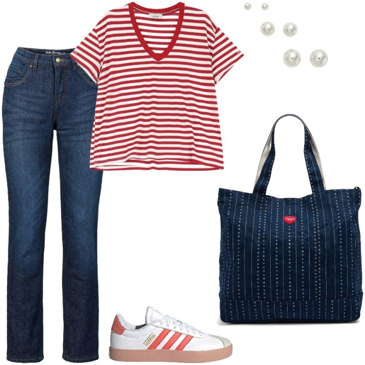 Outfit donna - In jeans. Stile Casual per Tutti i giorni. Abbinamento con jeans dritti, t-shirt, orecchini, borse tote, sneakers.