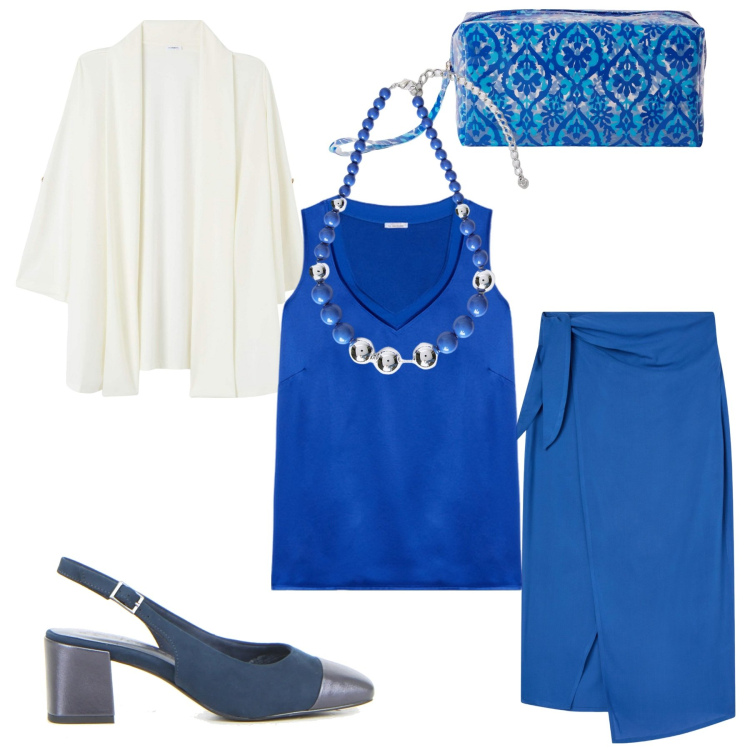 Outfit donna - Blu e bianco. Stile Basic per Serata fuori. Abbinamento con gonne lunghe, blazer, pochette, collane, top, décolleté.