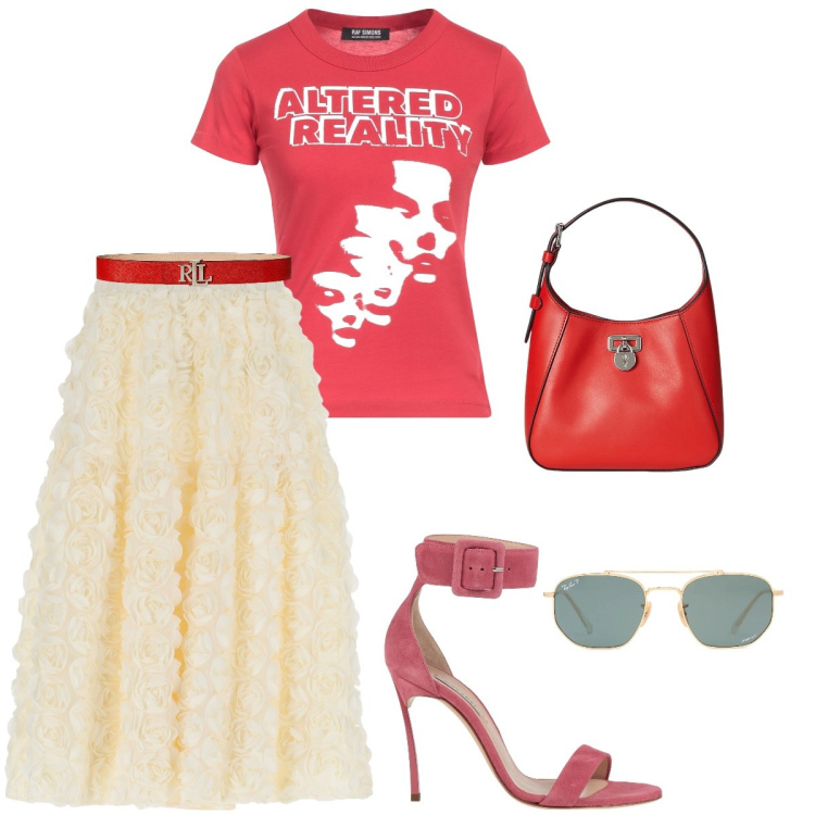 Outfit donna - Siamo tutte un po’ Carrie. Stile Glamour per Tutti i giorni. Abbinamento con t-shirt, sandali col tacco, gonne, borse a tracolla, cinture, occhiali da sole.