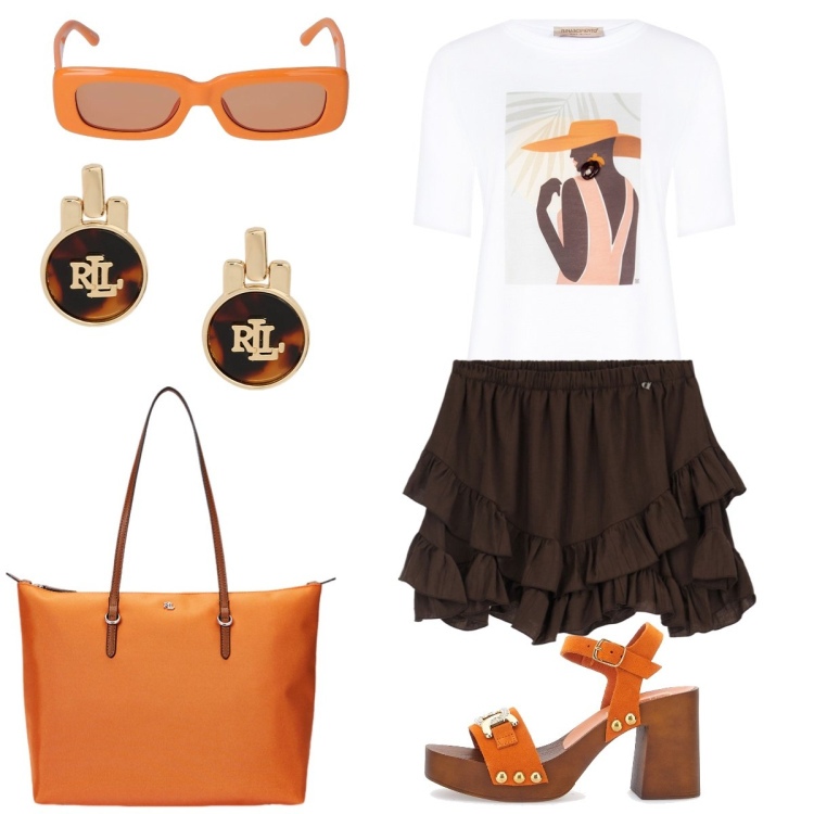 Outfit donna - La mini a balze. Stile Boho per Tutti i giorni. Abbinamento con minigonne, t-shirt, borse tote, orecchini, occhiali da sole, zoccoli.