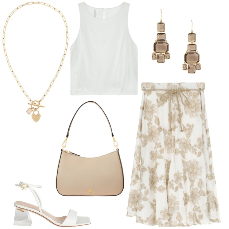Outfit donna - A pranzo fuori. Stile Chic per Tutti i giorni. Abbinamento con sandali in pelle, top, borse a spalla, collane, orecchini, gonne.