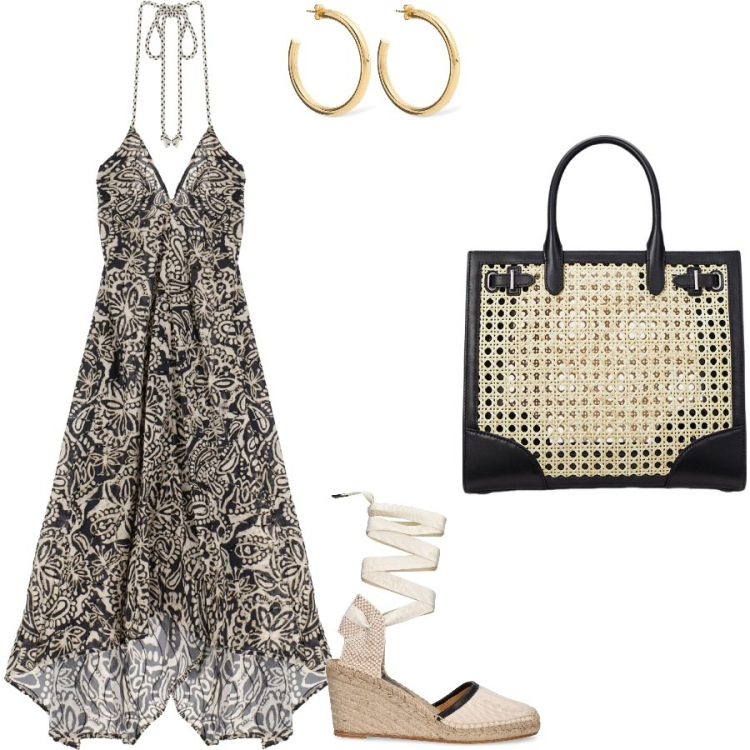 Outfit donna - Voyages. Stile Boho per Tutti i giorni. Abbinamento con vestiti lunghi, borse tote, espadrillas, orecchini.