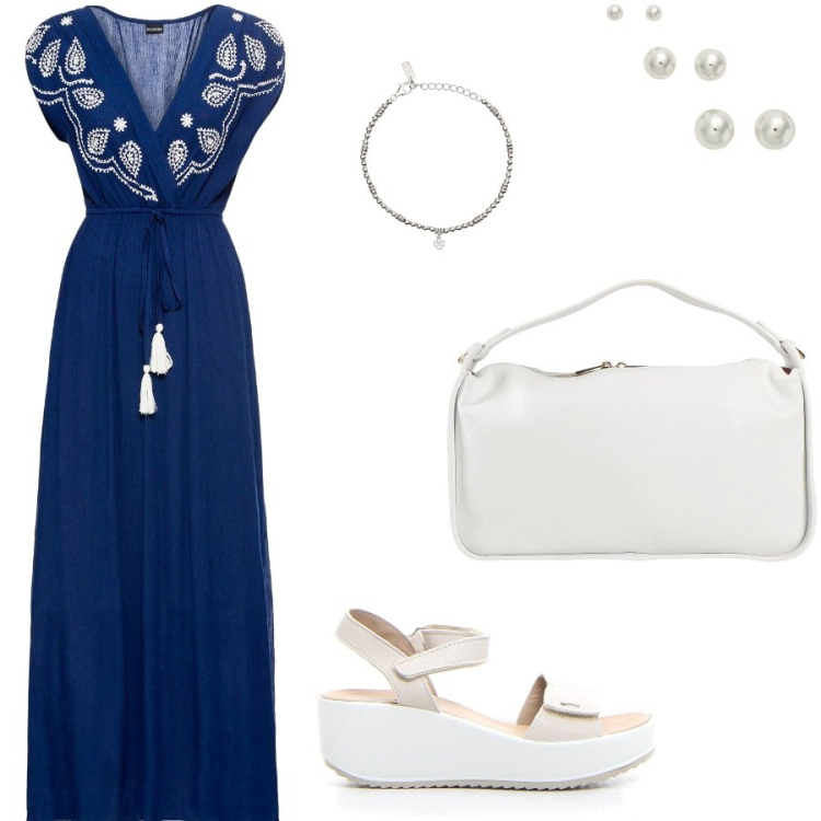 Outfit donna - Mattine. Stile Casual per Tutti i giorni. Abbinamento con vestiti lunghi, borse a mano, braccialetti con ciondoli, orecchini, sandali.