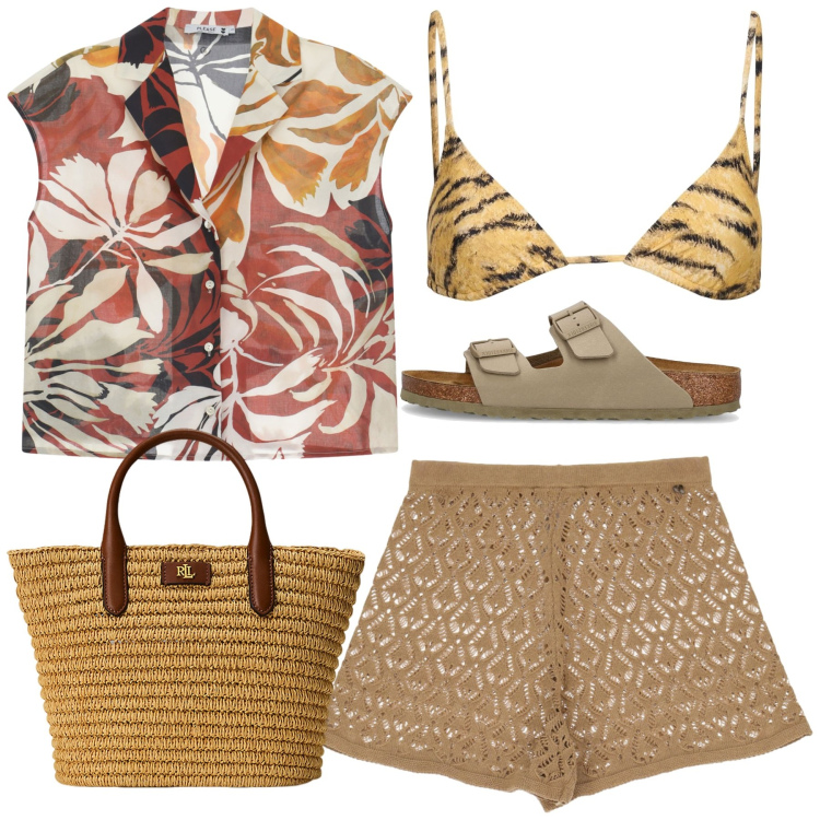 Outfit donna - Tonalità ambrate. Stile Chic per Mare. Abbinamento con camicie, shorts, borse tote, sandali, bikini.
