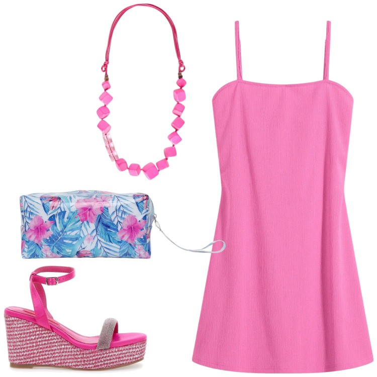 Outfit donna - Rosa su rosa. Stile Chic per Serata fuori. Abbinamento con vestiti, pochette, zeppe, collane.