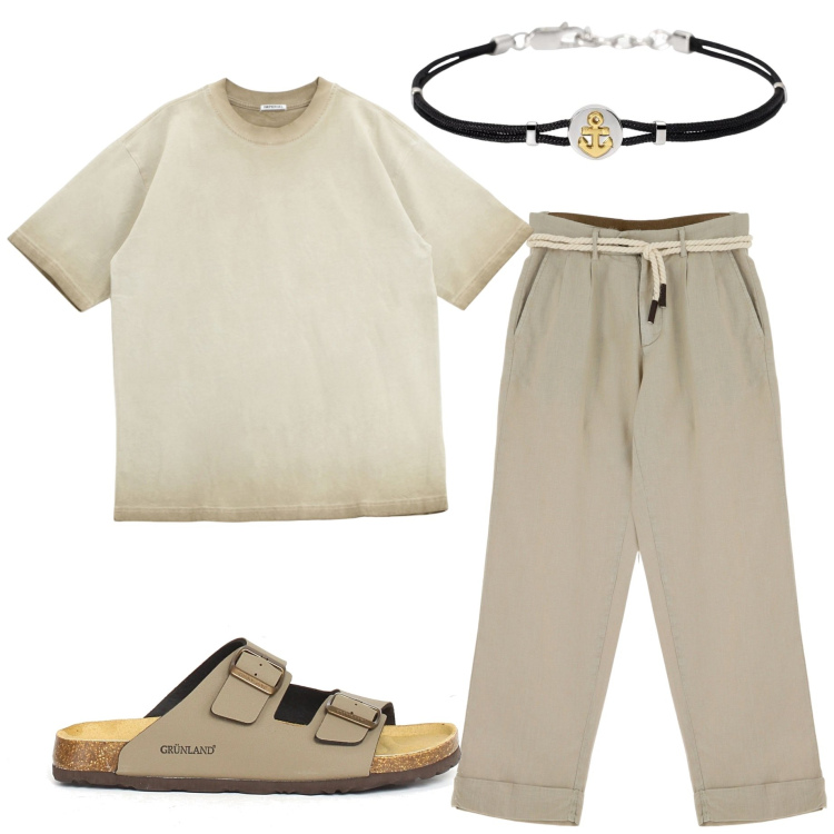 Outfit uomo - Color sabbia. Stile Trendy per Tutti i giorni. Abbinamento con braccialetti, pantaloni chino, t-shirt, sandali.
