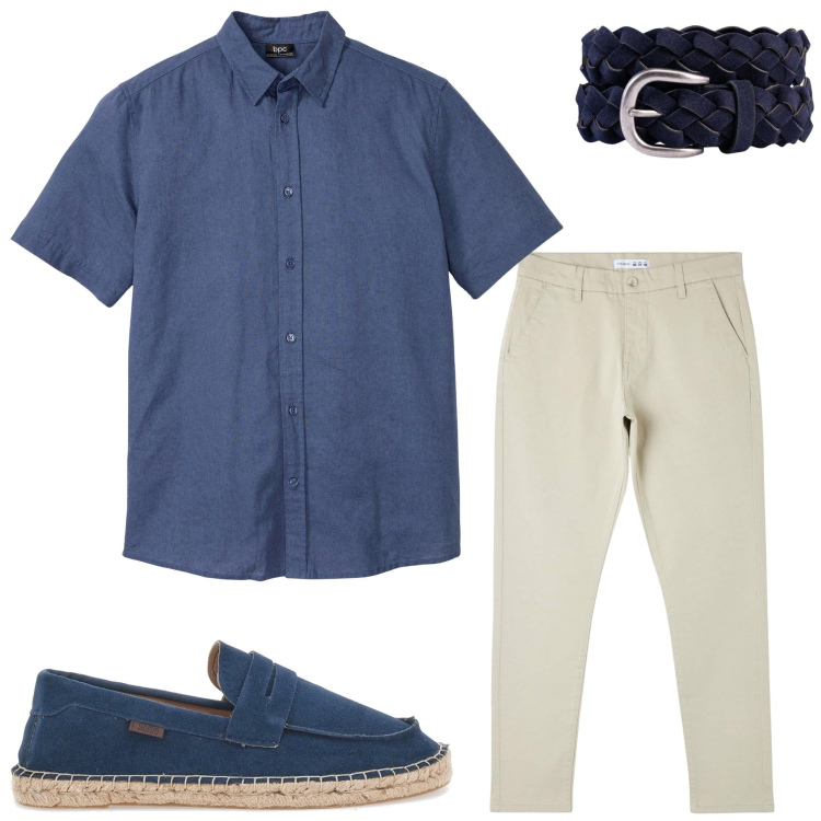 Outfit uomo - Giugno in città. Stile Urban per Tutti i giorni. Abbinamento con camicie a manica corta, pantaloni skinny, cinture, espadrillas.