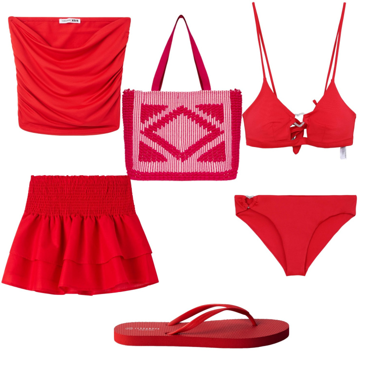 Outfit donna - In rosso. Stile Basic per Mare. Abbinamento con minigonne, infradito, bikini, bikini, top, borse a mano.