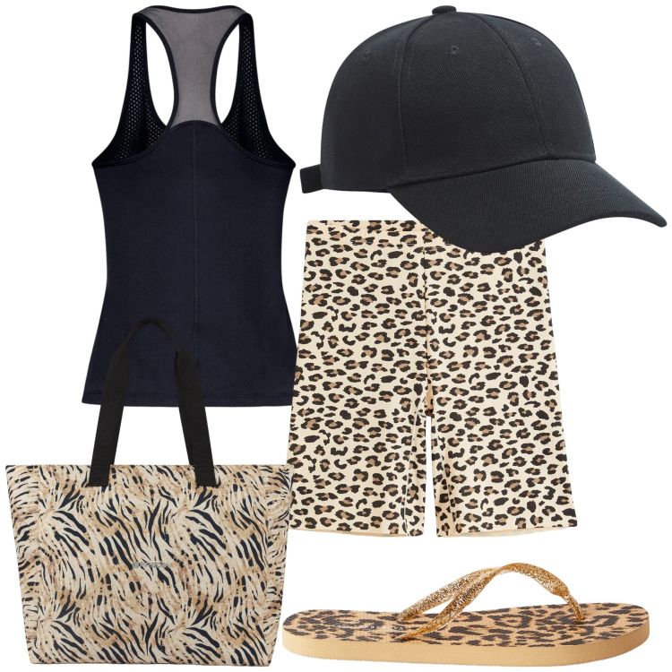 Outfit donna - Ruggente domenica mattina. Stile Trendy per Tutti i giorni. Abbinamento con pantaloni corti, cappelli, infradito, shopping bag, canottiere.