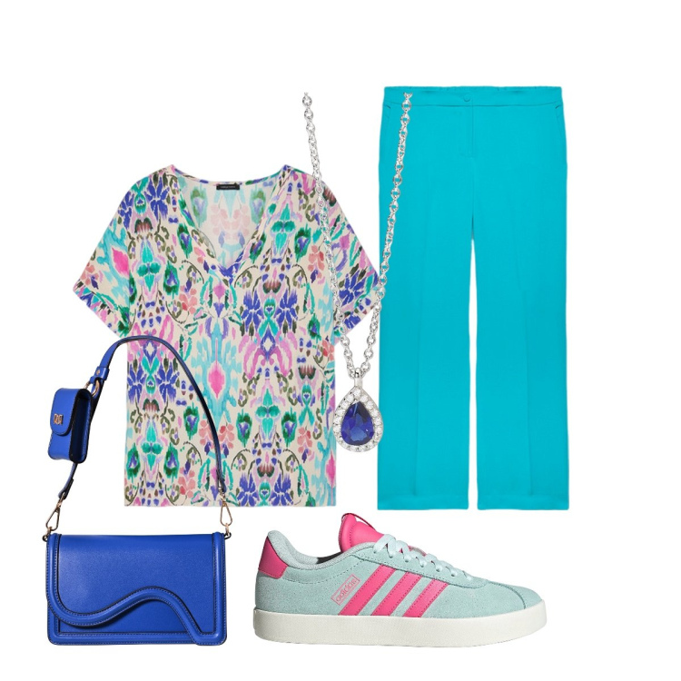 Outfit donna - E’estate: giochiamo con il colore…. Stile Casual chic per Tutti i giorni. Abbinamento con collane, pochette, bluse, sneakers, pantaloni.