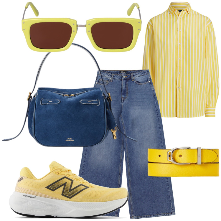 Outfit donna - Ristorante di campagna. Stile Sporty chic per Tutti i giorni. Abbinamento con sneakers, jeans a zampa, borse a mano, camicie, braccialetti, occhiali da sole.