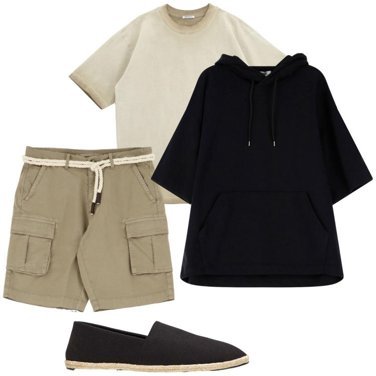 Outfit uomo - Total look #2185855. Stile Trendy per Tutti i giorni. Abbinamento con espadrillas, bermuda, t-shirt, felpe con cappuccio.