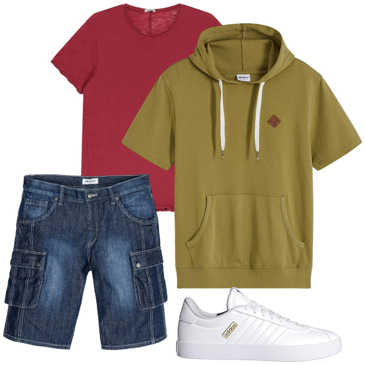 Outfit uomo - Total look #2185858. Stile Trendy per Tutti i giorni. Abbinamento con bermuda, felpe con cappuccio, t-shirt, sneakers.