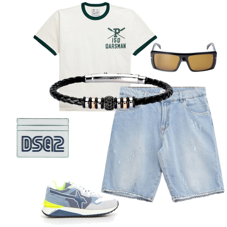 Outfit uomo - Total look #2185877. Abbinamento con portafogli, braccialetti, bermuda, t-shirt, occhiali da sole, sneakers.