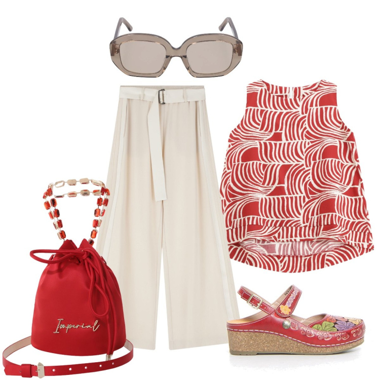 Outfit donna - Arriva l’estate e..voglia di leggerezza. Stile Casual chic per Tutti i giorni. Abbinamento con pantaloni, borse a secchiello, top, sandali, occhiali da sole.