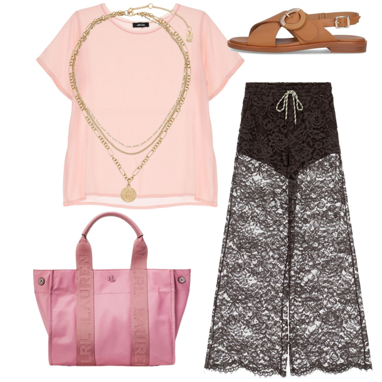 Outfit donna - Dixie a Positano. Stile Chic per Tutti i giorni. Abbinamento con pantaloni, t-shirt, ciondoli, borse tote, sandali.