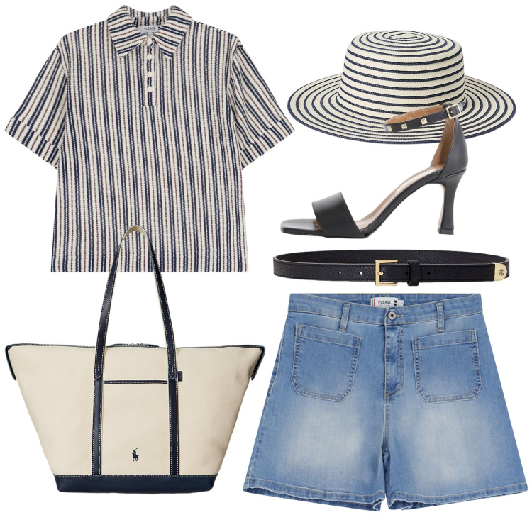 Outfit donna - Please - Drive me to the sea!. Stile Casual chic per Tutti i giorni. Abbinamento con shorts, t-shirt, sandali col tacco, cinture, borse tote, cappelli.