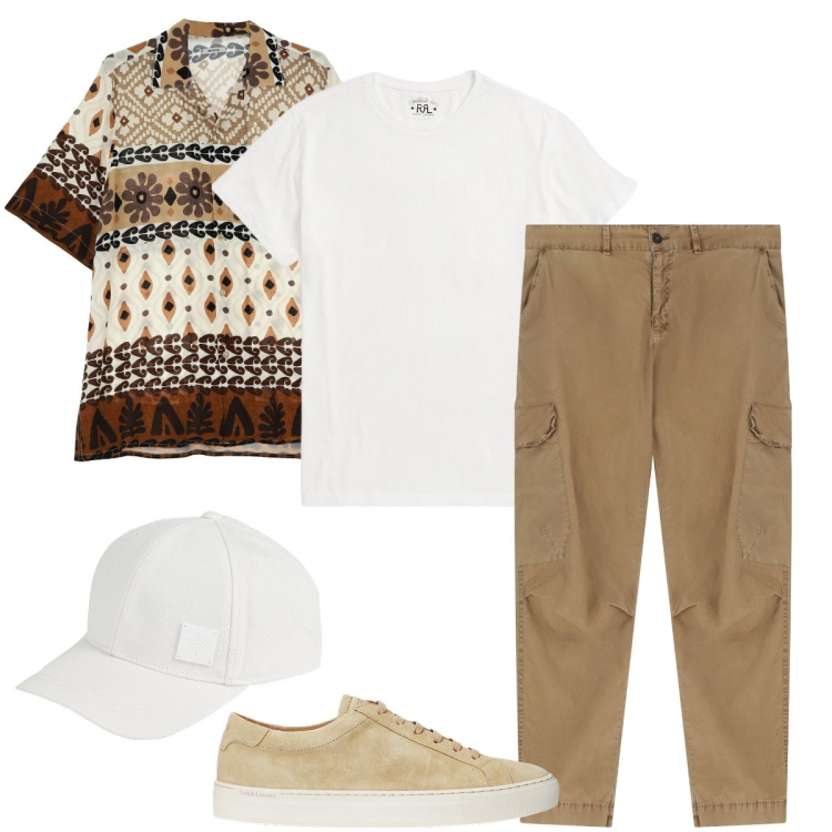 Outfit uomo - La camicia a stampa. Stile Casual per Tutti i giorni. Abbinamento con cappelli con visiera, pantaloni cargo, camicie a manica corta, t-shirt, sneakers.
