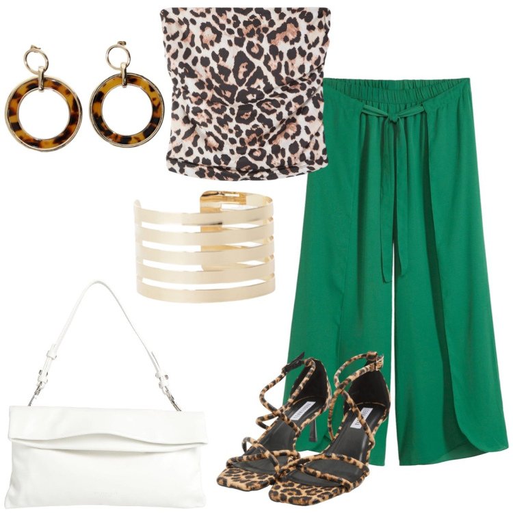 Outfit donna - Animalier. Stile Trendy per Tutti i giorni. Abbinamento con pantaloni, borse a mano, top, sandali col tacco, orecchini, braccialetti.