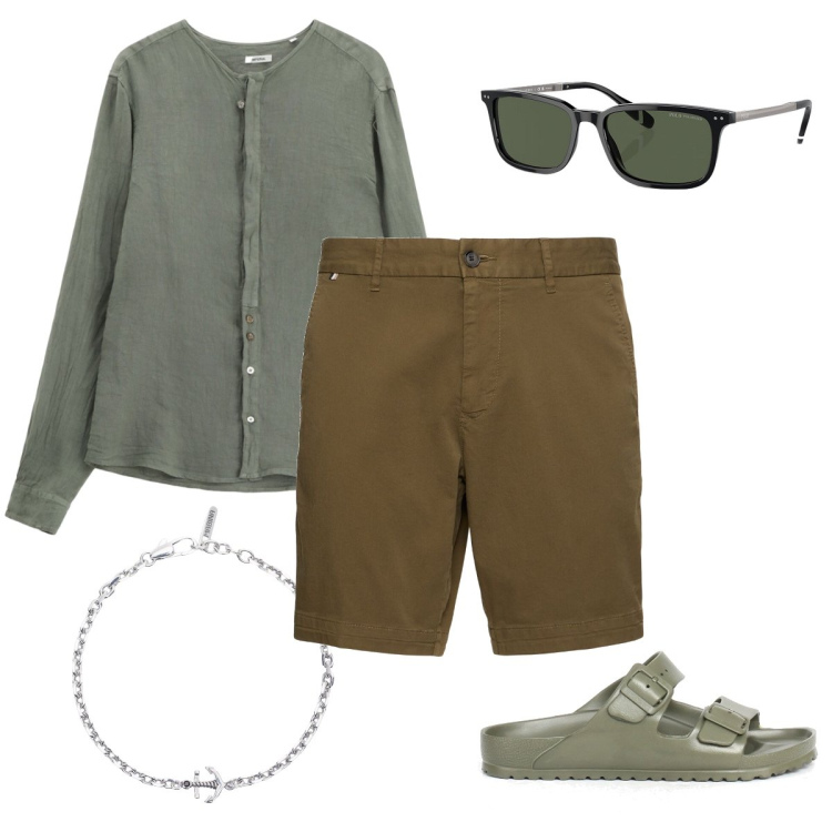 Outfit uomo - Shorts sartoriali. Stile Urban per Mare. Abbinamento con braccialetti, camicie, occhiali da sole, shorts, sandali.