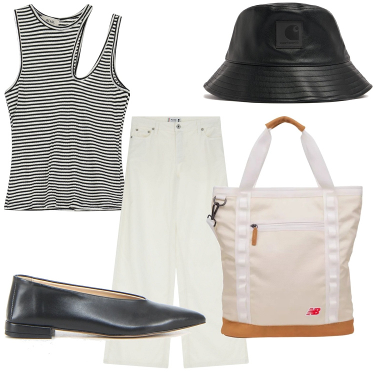 Outfit donna - Riviera Look - Estetica rilassata. Stile Minimal per Mare. Abbinamento con shopping bag, pantaloni a palazzo, top, ballerine, cappelli.