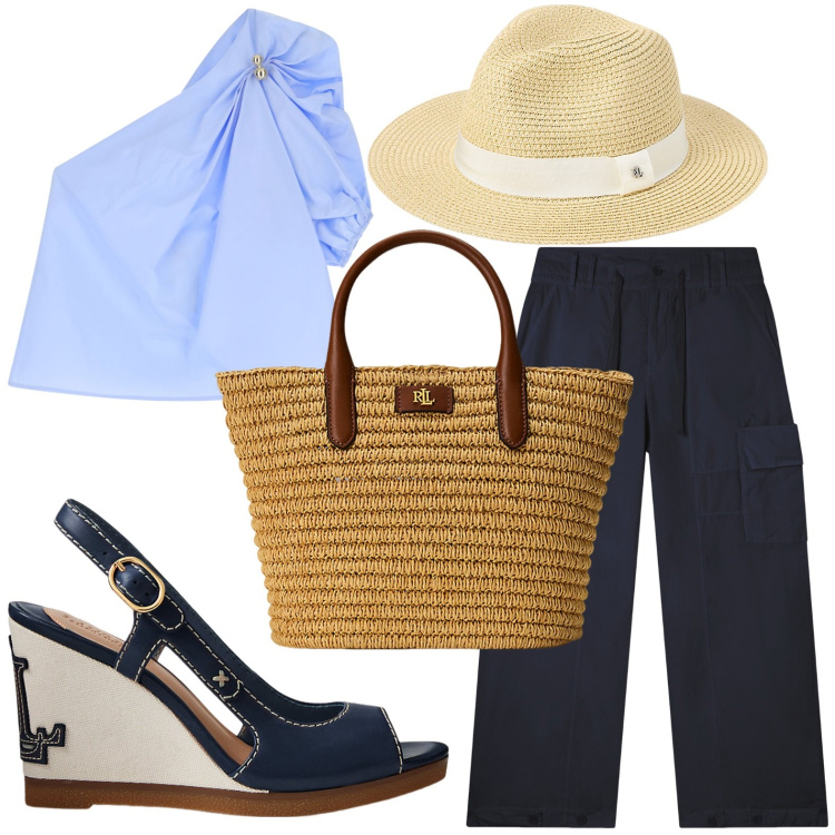Outfit donna - Riviera Look - Estetica rilassata. Stile Glamour per Mare. Abbinamento con top, pantaloni cargo, sandali in pelle, borse tote, cappelli.