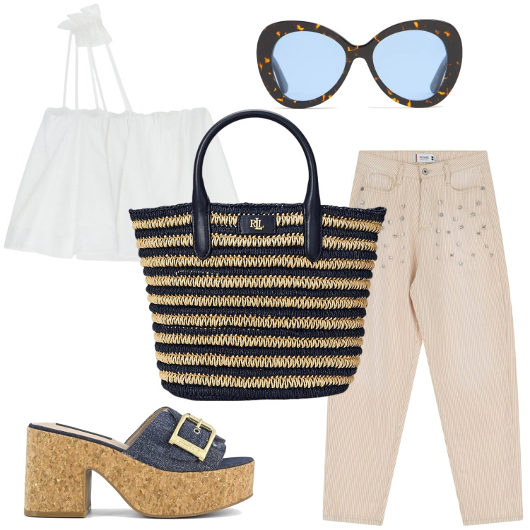 Outfit donna - Riviera Look - Estetica rilassata. Stile Romantica per Mare. Abbinamento con pantaloni, top, borse tote, sandali, occhiali da sole.
