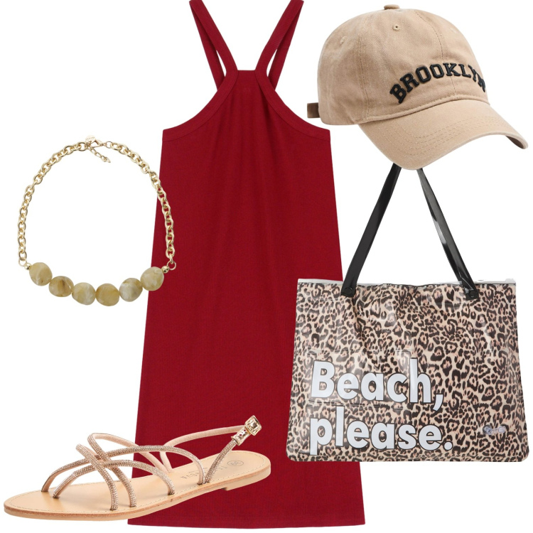 Outfit donna - Un abito leggero a giugno. Stile Minimal per Tutti i giorni. Abbinamento con sandali, borse tote, cappelli, collane, vestiti corti.