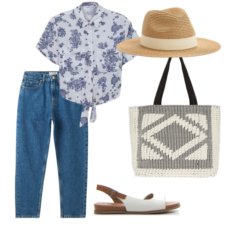 Outfit donna - Per tutti i giorni. per Tutti i giorni. Abbinamento con jeans mom, cappelli, camicie, shopping bag, sandali.