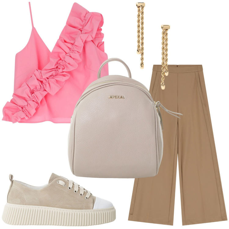 Outfit donna - Un outfit che compreresti. Stile Glamour per Tutti i giorni. Abbinamento con sneakers, pantaloni a palazzo, top, zaini, orecchini.